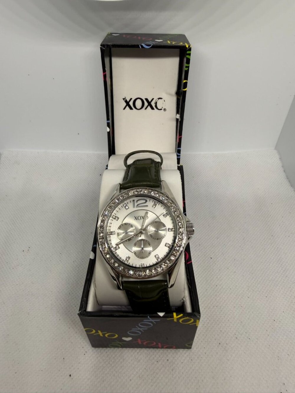 XOXO 3347 Women's 37mm Silver Crystal Bezel Faux Chrono Olive Green Band Watch - Picture 2 of 13